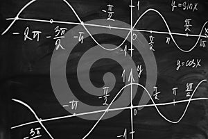 Math lesson. Sine and cosine functions. Graphics graphics drawn on the Board photo