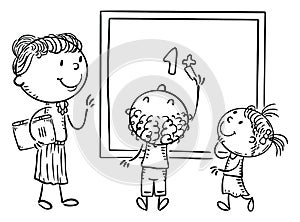 Math lesson, teacher and students writing on the blackboard. Line drawing vector clip art.