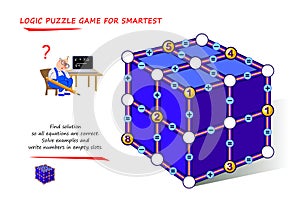 Math logic puzzle game for smartest. Find solution so all equations are correct. Solve examples and write numbers in empty slots.