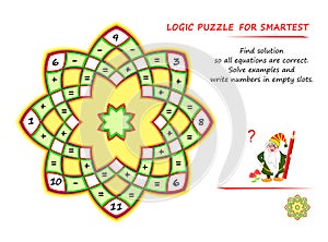 Math logic puzzle game for smartest. Find solution so all equations are correct. Solve examples and write numbers in empty slots.