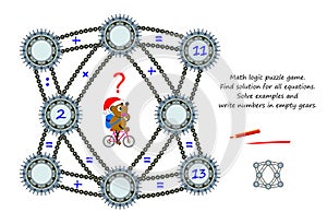 Math logic puzzle game for smartest. Find solution for all equations. Solve examples and write numbers in empty gears. Page for