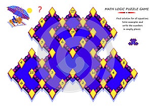 Math logic puzzle game for smartest. Find solution for all equations. Solve examples and write numbers in empty places. Page for