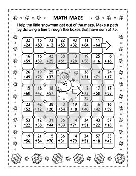 Math maze with addition facts for numbers up to 75