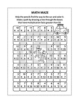 Math maze with multiplication facts for numbers up to 100