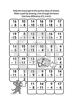 Math maze with subtraction facts for numbers up to 20