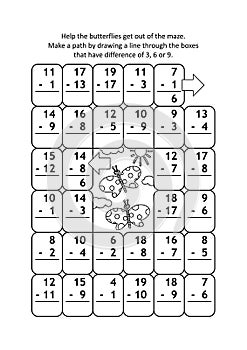 Math maze with subtraction facts for numbers up to 20
