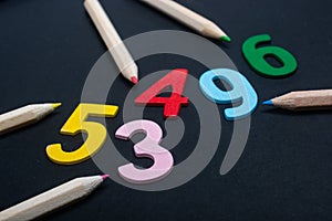 Math numbers and color pencils for mathematical learning