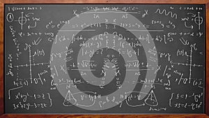 Math physics formulas on chalkboard