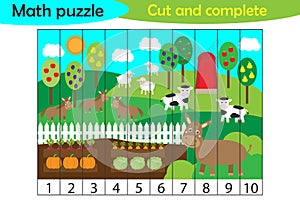 Math puzzle, farm animals and garden in cartoon style, education game for development of preschool children, use scissors, cut