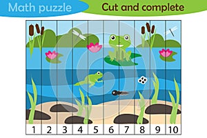 Math puzzle, pond with frog in cartoon style, education game for development of preschool children, use scissors, cut parts of the