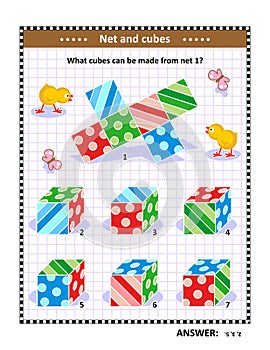 Math puzzle suitable both for kids and adults with net and cubes. Answer included.