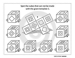 Math puzzle suitable both for kids and adults: Spot the cubes that can not be made with the given template or net 1.