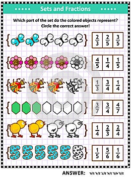 Math skills training puzzle or worksheet with pictorial fraction representations