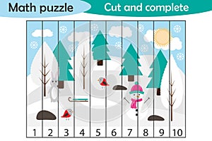 Math puzzle, xmas picture with snowy forest in cartoon style, education game for development of preschool children, use scissors,