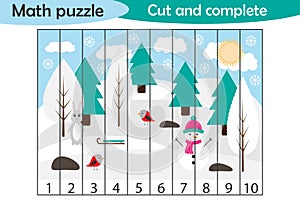 Math puzzle, xmas picture with snowy forest in cartoon style, education game for development of preschool children, use scissors, photo