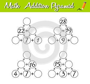 Math Pyramid Game. Educational a mathematical game. Beginner level 3. Mathematical puzzle