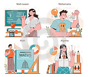 Math school subject set. Students studying mathematics and algebra.