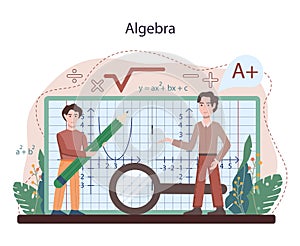 Math school subject. Students studying algebra. Science, technology