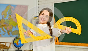 Math science. stationery in autumn school time. Back to school. education in college. mired in geometry. School girl