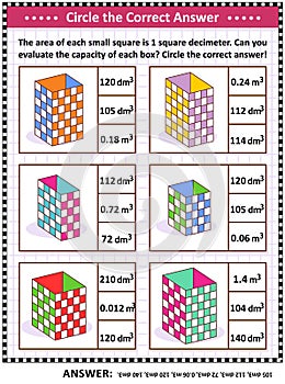 Math skills training puzzle or worksheet with box capacity evaluation