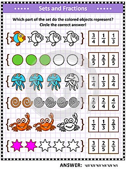 Math skills training puzzle or worksheet with pictorial fraction representations