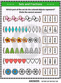 Math skills training puzzle or worksheet with pictorial fraction representations