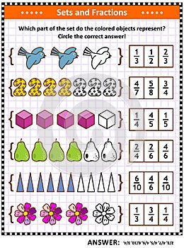 Math skills training puzzle or worksheet with pictorial fraction representations