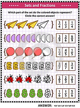 Math skills training puzzle or worksheet with pictorial fraction representations