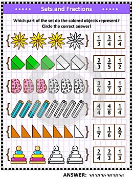 Math skills training puzzle or worksheet with pictorial fraction representations photo