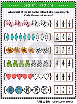 Math skills training puzzle or worksheet with pictorial fraction representations photo