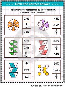 Math skills training puzzle or worksheet with visual fractions