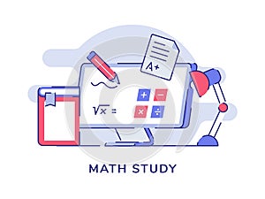 Math study calculation formula on computer screen background of book desk lamp with flat outline style