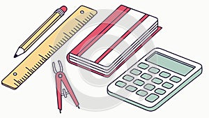 Math and study tools, ruler, compass, calculator, notebook. vector design Generative AI