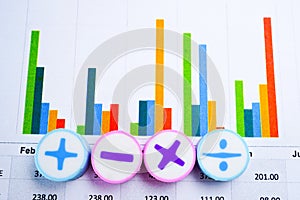 Math symbol on Charts Graphs spreadsheet paper. Financial development, Banking Account, Statistics, Investment Analytic research.