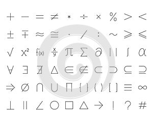 Math symbols flat line icons set. Mathematical operations plus minus, multiply, infinity, vector illustrations. Outline photo