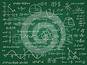 Math theory. Mathematics calculus on class chalkboard. Algebra and geometry science handwritten formulas vector