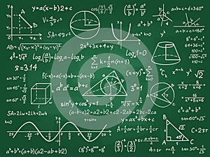Math theory. Mathematics calculus on class chalkboard. Algebra and geometry science handwritten formulas vector photo