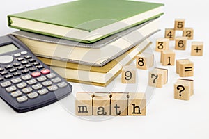 Math wording and books on white background