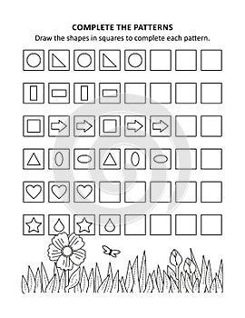 Math worksheet for kids with patterns and shapes