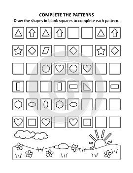 Math worksheet for kids with patterns and shapes