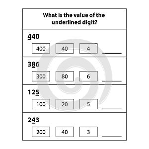 Math worksheet for kids. What is the value of the underlined digit?