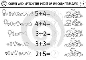 Mathematic black and white game with cute unicorn treasures. Magic, fairytale math addition activity. Fantasy world printable