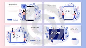 Mathematic class. Tiny people learning math. Arithmetic symbols. Education and knowledge concept. Screen template for