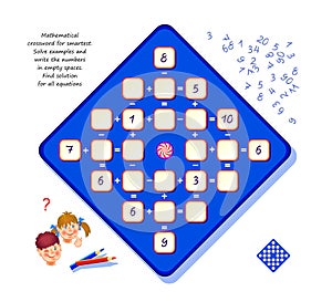 Mathematical crossword for smartest. Logic puzzle game for children and adults. Solve examples and write the numbers. Find