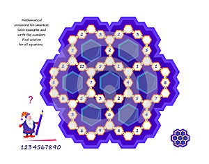 Mathematical crossword for smartest. Logic puzzle game for children and adults. Solve examples and write the numbers. Find photo