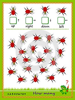 Mathematical education for children. Count quantity of beetles moving in each direction and write numbers. Developing kids