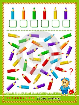 Mathematical education for children. Count quantity of pencils and write numbers. Developing counting skills. Logic puzzle game.