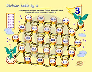 Mathematical educational page. Division table by three. Logic puzzle game. Solve examples and help the dragon find the way to his