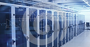 Mathematical equations against empty server room
