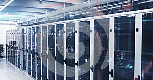 Mathematical equations against empty server room